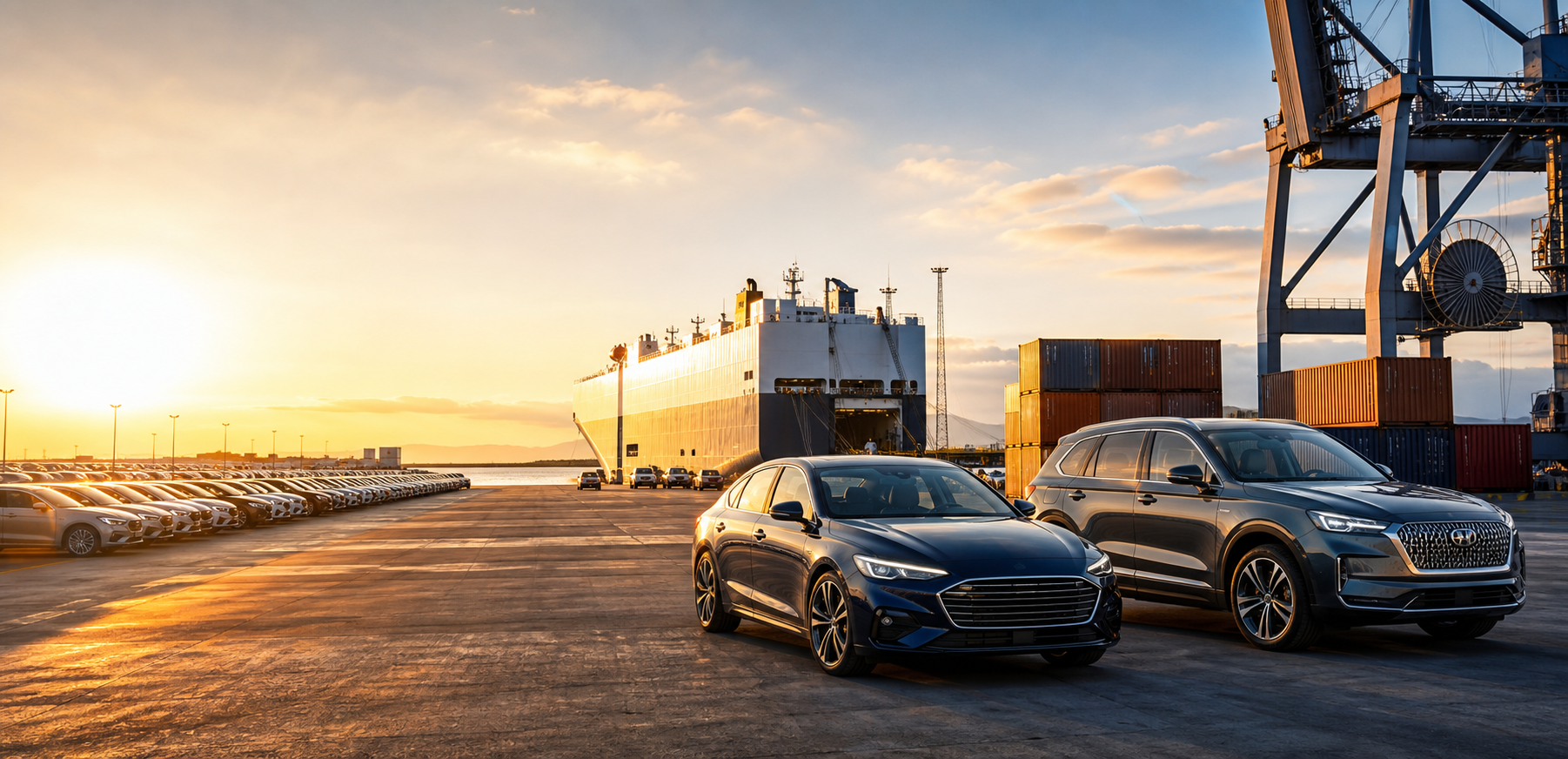 Vehicles prepared for international export at a port terminal