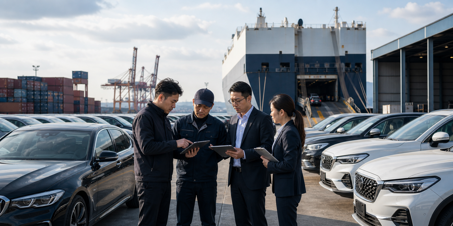Automobile export team reviewing vehicles at a port